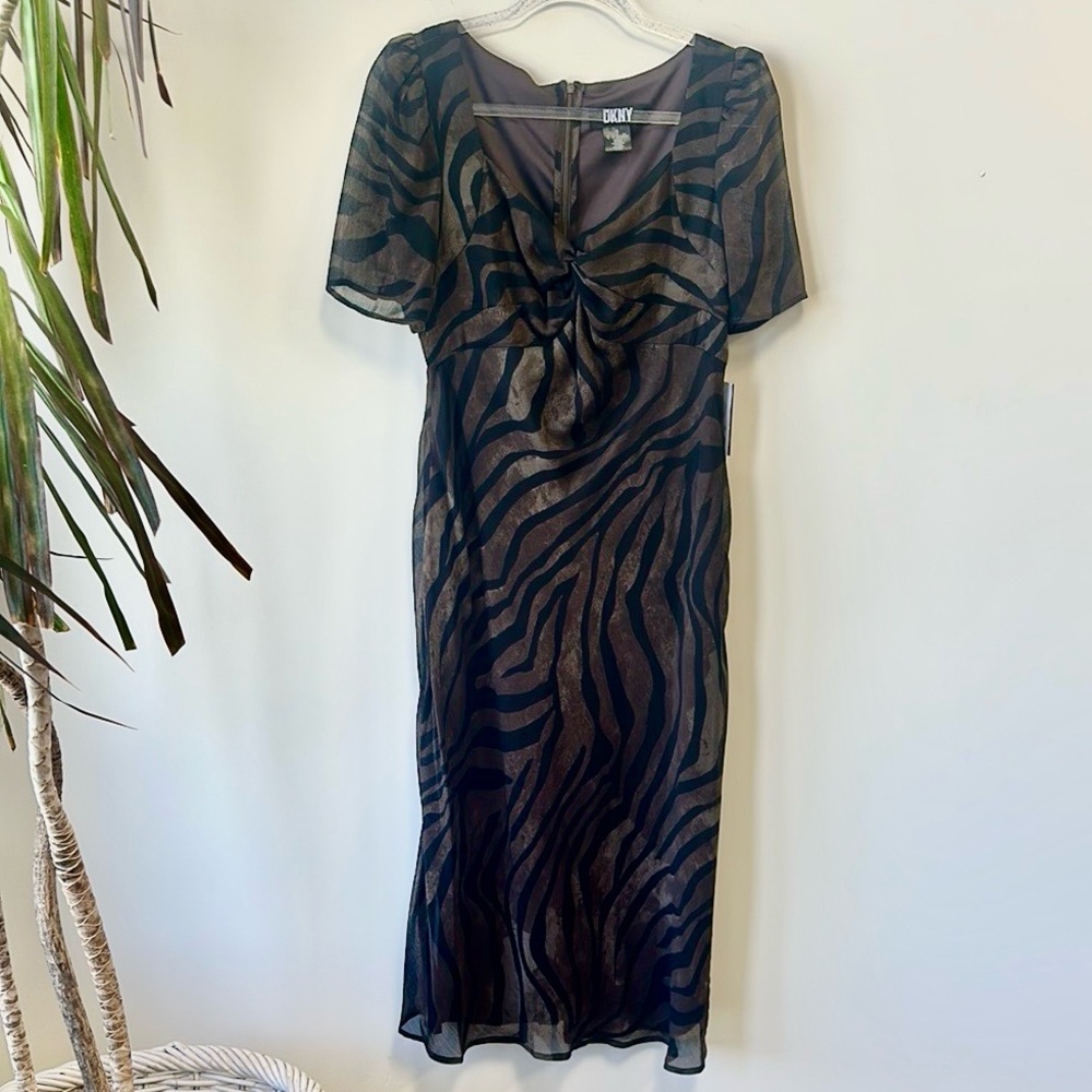 DKNY Sz 12 Animal Print Sheath Midi Dress with Flutter Sleeves • NWT! - Picture 2 of 12